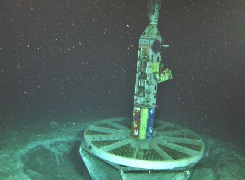 Borehole Cork observatory instruments on the sea floor. Courtesy of Woods Hole Oceanographic Institution and Beth Orcutt